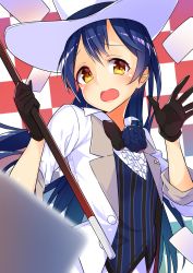 Rule 34 | 1girl, black gloves, blue hair, checkered background, commentary request, engawa (rarenago), flower, gloves, hair between eyes, hat, highres, holding, long hair, love live!, love live! school idol festival, love live! school idol project, open mouth, sleeves rolled up, solo, sonoda umi, striped, upper body, wand, yellow eyes