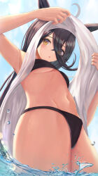 Rule 34 | 1girl, ahoge, animal ears, bikini, black bikini, black hair, blue sky, blush, breasts, clothes lift, cloud, day, groin, hair between eyes, highres, horse ears, horse girl, lifted by self, long bangs, long hair, looking at viewer, manhattan cafe (umamusume), navel, outdoors, parted lips, partially submerged, partially underwater shot, shirt, shirt lift, sky, small breasts, solo, stomach, swimsuit, thurumu, umamusume, underboob, water, white shirt, yellow eyes