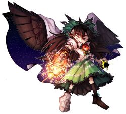Rule 34 | 1girl, arm cannon, brown eyes, cape, chest jewel, chibi, full body, green skirt, highres, long hair, open mouth, reiuji utsuho, simple background, skirt, sleep (isliping), solo, standing, touhou, very long hair, weapon, white background, wings