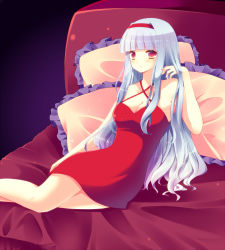 Rule 34 | 1girl, bad id, bad pixiv id, bare shoulders, bed, breasts, cleavage, cresc-dol, dress, frilled pillow, frills, idolmaster, idolmaster (classic), long hair, medium breasts, pillow, reclining, red dress, red eyes, red skirt, shijou takane, silver hair, skirt, solo