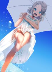 Rule 34 | 1girl, barefoot, blue eyes, blush, bow, brown hair, commentary request, dress, facing viewer, feet, foot focus, foot out of frame, hair ornament, hairpin, happy, highres, kicking, legs, looking at viewer, love live!, love live! sunshine!!, medium hair, ocean, open mouth, outdoors, ponnu (nikeytina), sky, smile, soles, solo, splashing, toes, umbrella, watanabe you, water, white dress