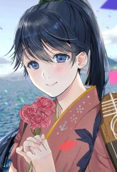 Rule 34 | 1girl, black hair, blue eyes, cloud, commentary request, flight deck, flower, gradient sky, highres, holding, horizon, houshou (kancolle), japanese clothes, kantai collection, kimono, long hair, looking at viewer, magai akashi, ocean, pink kimono, ponytail, rose, sky, solo, tasuki, upper body, water