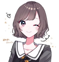 Rule 34 | alternate hairstyle, arrow (symbol), blush, bob cut, brown eyes, brown hair, character name, commentary request, flipped hair, highres, project sekai, school uniform, shinonome ena, short hair, simple background, toco5th, white background