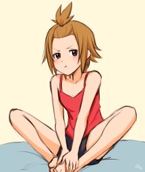 Rule 34 | 1girl, :t, barefoot, black shorts, breasts, brown eyes, brown hair, butterfly sitting, camisole, casual, commentary request, een941, full body, hands on own feet, k-on!, light blush, looking at viewer, pout, protected link, red camisole, short hair, shorts, signature, simple background, sitting, small breasts, solo, tainaka ritsu