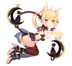 Rule 34 | 1girl, :o, ahoge, animal, animal ears, ankle boots, ao jun, ass, black cat, black gloves, black panties, blonde hair, blush, boots, brown dress, brown footwear, brown thighhighs, cat, cat ears, cat tail, crescent, detached collar, dress, elsword, eve (elsword), facepaint, fingerless gloves, full body, gloves, high heel boots, high heels, long hair, open mouth, panties, paw pose, ponytail, red eyes, short dress, simple background, slit pupils, solo, tail, thighhighs, thighs, tsurime, underwear, upskirt, white background