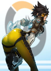 Rule 34 | 1girl, ass, bodysuit, bomber jacket, brown eyes, brown hair, goggles, goomrrat, gun, handgun, jacket, leaning forward, looking at viewer, overwatch, overwatch 1, parted lips, pistol, seductive smile, short hair, smile, solo, spiked hair, thighs, tight clothes, tracer (overwatch), weapon