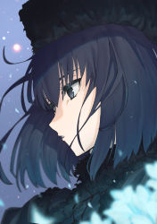 Rule 34 | 1girl, anianiani0607, black capelet, black eyes, black hair, black hat, capelet, commentary request, floating hair, flower, fur-trimmed capelet, fur collar, fur hat, fur trim, glowing flower, hair between eyes, hat, highres, kuonji alice, light particles, looking away, mahou tsukai no yoru, parted lips, portrait, short hair, solo