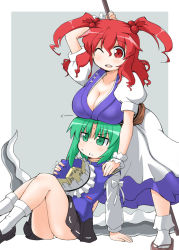 Rule 34 | 2girls, arm support, bow, breast rest, breasts, breasts on head, cleavage, collarbone, dress, female focus, green eyes, green hair, hair bobbles, hair ornament, hat, large breasts, long hair, multiple girls, naitou kouse, one eye closed, onozuka komachi, open mouth, panties, red eyes, red hair, sandals, scythe, shiki eiki, short hair, simple background, skirt, socks, touhou, twintails, two side up, underwear, white panties, wink, wrist cuffs, wristband