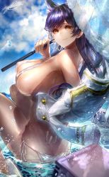 Rule 34 | 1girl, animal ears, ass, atago (azur lane), atago (summer march) (azur lane), azur lane, bare shoulders, bikini, black hair, blue sky, blurry, blurry foreground, blush, breasts, brown eyes, cloud, covered erect nipples, day, extra ears, hair ribbon, high heels, highres, holding, holding umbrella, jacket, unworn jacket, large breasts, long hair, looking at viewer, mole, mole under eye, outdoors, parted lips, partially submerged, ribbon, see-through, side-tie bikini bottom, sidelocks, signature, signo aaa, sitting, sky, smile, solo, swept bangs, swimsuit, thighs, twisted torso, umbrella, uniform, white bikini, white ribbon