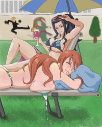Rule 34 | 2boys, 2girls, absurdres, agrothewanderer, bikini, black hair, breasts, cleavage, cup, drinking glass, highres, large breasts, multiple boys, multiple girls, nami (one piece), nico robin, one piece, red hair, roronoa zoro, sanji (one piece), smile, sunglasses, swimsuit, wine glass