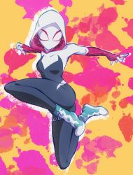 Rule 34 | 1girl, ass, blue footwear, bodysuit, breasts, commentary, english commentary, full body, gwen stacy, highres, hood, hood up, hooded bodysuit, looking at viewer, marvel, medium breasts, shoes, silk, sneakers, solo, spider-gwen, spider-man: across the spider-verse, spider-man (series), spider-verse, spider web, spider web print, superhero costume, thejg