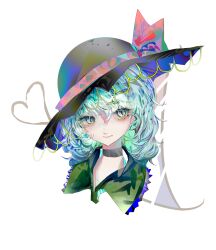 Rule 34 | 1girl, absurdres, black hat, bow, choker, closed mouth, cropped torso, doort, expressionless, frilled shirt collar, frills, green eyes, hair between eyes, hat, hat bow, hat ribbon, heart, heart of string, highres, komeiji koishi, light green hair, looking at viewer, medium hair, neck, portrait, ribbon, simple background, solo, touhou, wavy hair, white background, yellow bow, yellow ribbon