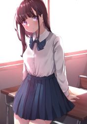 Rule 34 | 1girl, arms behind back, backlighting, bad id, bad pixiv id, blue bow, blue bowtie, blue skirt, blunt bangs, blush, bow, bowtie, brown hair, classroom, cloud, collared shirt, commentary request, copyright request, cowboy shot, desk, dress shirt, indoors, long hair, long sleeves, looking at viewer, pleated skirt, purple eyes, sakura no tomoru hi e, school desk, school uniform, shirt, skirt, smile, solo, white shirt, window