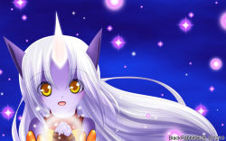 Rule 34 | 1girl, bad id, bad pixiv id, bare shoulders, colored skin, own hands clasped, horns, league of legends, long hair, open mouth, own hands together, pointy ears, purple skin, rokugatsu no usagi, single horn, solo, soraka (league of legends), watermark, white hair, yellow eyes