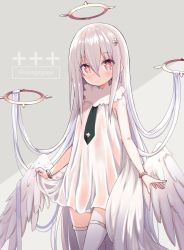 Rule 34 | 1girl, bare shoulders, black necktie, blush, closed mouth, commentary request, cuffs, dress, feathered wings, flower, flower-shaped pupils, grey background, hair between eyes, hair flower, hair ornament, halo, highres, long hair, low wings, necktie, original, red eyes, see-through, silver hair, siragagaga, sleeveless, sleeveless dress, solo, symbol-shaped pupils, thighhighs, twitter username, two-tone background, very long hair, white dress, white flower, white thighhighs, white wings, wings