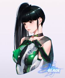 Rule 34 | 1girl, bare shoulders, black hair, blunt bangs, breasts, brown eyes, cesar art456, closed mouth, collarbone, cropped arms, cropped torso, eve (stellar blade), expressionless, grey background, highres, long hair, looking afar, looking at viewer, medium breasts, planet diving suit (7th) (stellar blade), ponytail, side ponytail, simple background, solo, stellar blade, upper body, very long hair