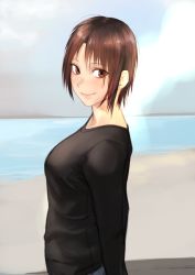 Rule 34 | 1girl, black shirt, brown hair, closed mouth, from side, highres, kilye kairi, long sleeves, looking at viewer, looking to the side, ocean, original, outdoors, shirt, short hair, smile, solo, upper body