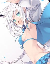 Rule 34 | 1girl, animal ears, armpits, bikini, blue bikini, blue eyes, braid, breasts, butt crack, extra ears, fox ears, from side, groin, hololive, long braid, long hair, long sleeves, medium breasts, nagishiro mito, official alternate costume, official art, open mouth, shirakami fubuki, shirakami fubuki (hololive summer 2019), sideboob, simple background, smile, solo, swimsuit, tagme, virtual youtuber, white background, white hair