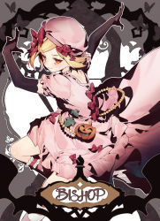 Rule 34 | 1girl, aluce, bishop (chess), black gloves, blonde hair, bow, chess piece, dress, elbow gloves, gloves, hair bow, highres, jewelry, lambdadelta, necklace, pearl necklace, pink dress, pink headwear, puffy short sleeves, puffy sleeves, pumpkin, red eyes, short hair, short sleeves, umineko no naku koro ni