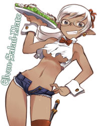 Rule 34 | 1girl, bad id, bad pixiv id, bare shoulders, bow, bowtie, breasts, dark skin, dark-skinned female, denim, denim shorts, earrings, elf, covered erect nipples, flapper shirt, food, from below, glasses, grey eyes, grin, hand on own hip, jewelry, knife, long hair, looking down, midriff, nakamura tetsuya, navel, open fly, original, petite, pointy ears, ponytail, salad, shirt, shorts, smile, solo, tray, underboob, unzipped, white hair, wrist cuffs