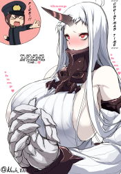 Rule 34 | &gt; &lt;, 10s, 1boy, 1girl, abyssal ship, admiral (kancolle), bare shoulders, blush, breasts, claws, detached sleeves, closed eyes, highres, horns, huge breasts, kantai collection, kloah, little boy admiral (kancolle), long hair, red eyes, seaport princess, short hair, sideboob, silver hair, simple background, single horn, third-party edit, translated, white background