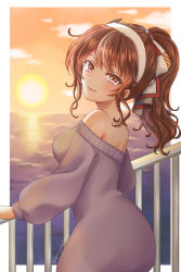 Rule 34 | 1girl, alternate costume, ashigara (kancolle), bare shoulders, breasts, brown hair, cloud, commentary request, dress, hair ribbon, hairband, highres, kantai collection, large breasts, light smile, long sleeves, looking at viewer, looking back, ocean, off-shoulder dress, off shoulder, ponytail, purple dress, railing, ribbon, rirurun., solo, sunset, twitter username, white background, white hairband