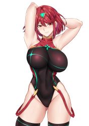 Rule 34 | 1girl, absurdres, armpits, arms up, bare shoulders, bob cut, breasts, chest jewel, competition swimsuit, covered navel, deroo, gem, highres, large breasts, looking at viewer, one-piece swimsuit, pyra (pro swimmer) (xenoblade), pyra (xenoblade), red eyes, short hair, solo, standing, swept bangs, swimsuit, thighhighs, two-tone swimsuit, white background, xenoblade chronicles (series), xenoblade chronicles 2