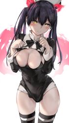 Rule 34 | 1girl, absurdres, bikini, black bikini, black dress, black footwear, black hair, black thighhighs, blush, boots, breasts, cleavage, closed mouth, collar, cowboy shot, dress, en&#039;en no shouboutai, fiery ears, fiery tail, fire, groin, hair between eyes, highres, kilalesi, long hair, long sleeves, looking at viewer, medium breasts, open clothes, sidelocks, simple background, slit pupils, solo, standing, swimsuit, tail, tamaki kotatsu, thighhighs, twintails, white background, yellow eyes