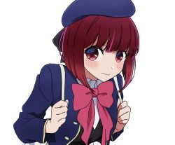 Rule 34 | 1girl, arima kana, beret, black ribbon, black vest, blue hat, blue jacket, blush, bob cut, bow, bowtie, closed mouth, collared shirt, commentary request, derivative work, hat, highres, inverted bob, jacket, no pupils, open clothes, open jacket, oshi no ko, pink bow, pink bowtie, red eyes, red hair, ribbon, school uniform, shirt, short hair, simple background, solo, sweatdrop, vest, wavy mouth, white background, white shirt, youtou high school uniform, yuuri-622
