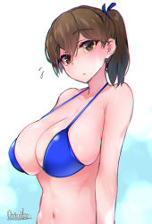 Rule 34 | 1girl, alternate costume, artist name, bare arms, bare shoulders, bikini, blue bikini, blush, breasts, brown eyes, brown hair, chromatic aberration, collarbone, commentary request, flying sweatdrops, hair ribbon, halterneck, kaga (kancolle), kantai collection, large breasts, looking at viewer, mani oniniku, navel, ribbon, short hair, side ponytail, simple background, skindentation, solo, string bikini, swimsuit, upper body