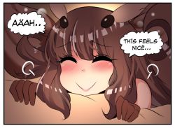 Rule 34 | 1girl, arthropod girl, blush, brown gloves, brown hair, bug, close-up, closed eyes, comic, english text, eyes visible through hair, gloves, highres, hinghoi, insect girl, insect wings, long hair, monster girl, moth girl, moth wings, original, smile, solo, speech bubble, wings