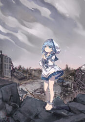 Rule 34 | 1girl, absurdres, barefoot, blue eyes, blue hair, bound, bound ankles, bound wrists, chain, collarbone, commentary request, cuffs, destruction, dress, frilled dress, frills, highres, hood, hood up, looking up, nero augustus, original, own hands clasped, own hands together, rubble, ruins, sailor collar, shackles, short hair with long locks, solo, white dress