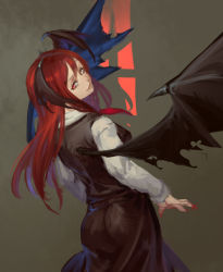 Rule 34 | 1girl, ass, bat wings, black skirt, black vest, closed mouth, fingernails, from behind, head wings, inishie kumo, koakuma, long hair, long sleeves, looking at viewer, looking back, nail polish, one-hour drawing challenge, red eyes, red hair, red nails, shirt, skirt, smile, solo, spread wings, standing, touhou, vest, white shirt, wings