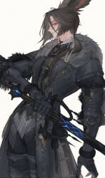 Rule 34 | 1boy, absurdres, black pants, brown hair, closed mouth, coat, contrapposto, cowboy shot, final fantasy, final fantasy xiv, from side, fur-trimmed coat, fur trim, gauntlets, hair over shoulder, highres, holding, holding sword, holding weapon, long coat, looking at viewer, male focus, paladin (final fantasy), pants, ponytail, profile, red eyes, sideways glance, simple background, solo, sword, tladpwl03, viera, warrior of light (ff14), weapon, white background