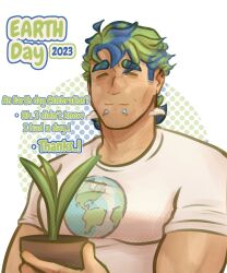 Rule 34 | 1boy, artist request, bara, earth-chan, earth-san, earth (planet), earth day, earth print, facial hair, genderswap, genderswap (ftm), green hair, highres, holding, light smile, lip piercing, male focus, multicolored hair, muscular, muscular male, original, pectorals, piercing, planet, plant, potted plant, print shirt, shirt, short hair, sideburns stubble, solo, sparse stubble, stubble, t-shirt, thick eyebrows, two-tone hair