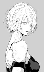Rule 34 | 1girl, a2 (nier:automata), absurdres, android, armlet, bare shoulders, dirty, elbow gloves, from side, gloves, grey background, greyscale, highres, joints, looking at viewer, looking to the side, monochrome, nier:automata, nier (series), nishiii26miii, robot joints, short hair, solo, tank top, upper body
