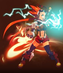 Rule 34 | 1girl, armor, black thighhighs, boots, bracer, clenched hands, cryamore, detached sleeves, electricity, esmyrelda maximus, fighting stance, fire, freckles, gloves, goggles, goggles on head, long hair, matching hair/eyes, midriff, navel, official art, orange eyes, orange hair, pauldrons, polearm, robaato, scarf, shorts, shoulder armor, sidelocks, solo, spear, spiked hair, suspenders, thighhighs, very long hair, weapon