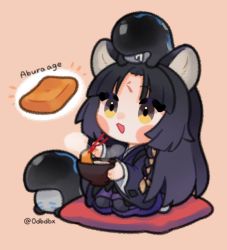 Rule 34 | 1girl, :d, aburaage, animal ear fluff, animal ears, arknights, bitey (arknights), black hair, black kimono, blush stickers, bowl, braid, brown background, chibi, chopsticks, commentary request, creature, cushion, daba (0dbdbx), dog ears, drooling, facial mark, food, forehead mark, full body, highres, holding, holding bowl, holding chopsticks, japanese clothes, kimono, long hair, long sleeves, on head, open mouth, pants, parted bangs, purple pants, saga (arknights), saliva, seiza, sitting, smile, twitter username, very long hair, wide sleeves, yellow eyes, zabuton