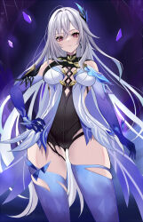 Rule 34 | 1girl, black leotard, breasts, butterfly hair ornament, commentary request, crossed bangs, detached sleeves, diamond-shaped pupils, diamond (shape), dress, genshin impact, gradient legwear, gradient sleeves, grey hair, hair between eyes, hair ornament, hand on own hip, harimoji, highres, leotard, long hair, looking at viewer, medium breasts, object floating above hand, pink eyes, purple sleeves, simple background, skirk (genshin impact), solo, symbol-shaped pupils, thighhighs, very long hair