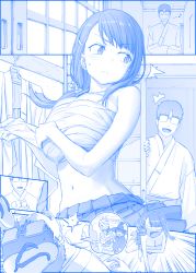 Rule 34 | 1girl, ^^^, angry, blue theme, blush, breasts, cleavage, comic, commentary, embarrassed, faceless, faceless male, frown, getsuyoubi no tawawa, glasses, halloween costume, himura kiseki, jitome-chan (tawawa), monochrome, mummy costume, palm-fist tap, sandals, sarashi, silent comic, sliding doors, speech bubble, surprised, swept bangs, throwing, undressing, witch