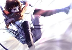 Rule 34 | 1girl, blue eyes, boots, brown hair, cici, dual wielding, highres, holding, jacket, md5 mismatch, mikasa ackerman, non-web source, pants, scarf, shingeki no kyojin, short hair, solo, sword, thigh strap, three-dimensional maneuver gear, weapon, wire