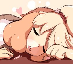 Rule 34 | 1girl, absurdres, animal crossing, animal ears, bell, blonde hair, blush, clenched hand, closed eyes, dog ears, dog girl, drooling, face, female focus, furry, furry female, hair bell, hair ornament, hair tie, heart, highres, isabelle (animal crossing), jingle bell, jpeg artifacts, light blush, lying, nintendo, on stomach, open mouth, pawpads, short hair, sleeping, solo, tanuk kun, teeth, topknot