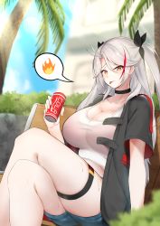 Rule 34 | 1girl, absurdres, azur lane, black choker, black jacket, blurry, blurry background, breasts, can, choker, cleavage, collarbone, crossed legs, denim, denim shorts, drink can, highres, huge breasts, j yak47, jacket, large breasts, long hair, looking at viewer, multicolored hair, open clothes, open jacket, orange eyes, outdoors, prinz eugen (azur lane), shorts, silver hair, soda can, solo, streaked hair, tank top, thigh strap, tongue, tongue out, twintails, white tank top