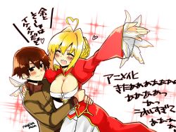 Rule 34 | 10s, 1boy, 1girl, absurdres, ahoge, artist name, bad id, bad twitter id, blonde hair, blush, breasts, brown eyes, brown hair, cleavage cutout, clothing cutout, dress, epaulettes, closed eyes, fate/extra, fate (series), hand up, heart, heart ahoge, highres, hiiragi (jhug8877), holding, kishinami hakuno (male), large breasts, leotard, nero claudius (fate), nero claudius (fate) (all), nero claudius (fate/extra), red dress, school uniform, see-through, smile, wide sleeves