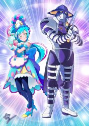 Rule 34 | 1boy, 1girl, absurdres, apron, artist name, back bow, blue bow, blue dress, blue footwear, blue hair, blue pantyhose, bow, closed mouth, clothing cutout, commentary request, commission, crossover, cure spicy, delicious party precure, dress, emphasis lines, energy gun, frown, fuwa kokone, gekisou sentai carranger, gloves, green eyes, hair bow, heart juicy mixer, heel up, high heels, highres, holding, holding weapon, huge bow, instructor ritchihiker, medium dress, multicolored hair, pantyhose, partial commentary, pink hair, precure, puffy short sleeves, puffy sleeves, rope, shimenawa, short sleeves, shoulder cutout, side-by-side, side ponytail, signature, skeb commission, streaked hair, super sentai, tirofinire, waist apron, watch, weapon, white gloves, wristwatch