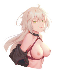 Rule 34 | 1girl, ahoge, bdsm, bigrbear, breastless clothes, breasts, breasts out, brown eyes, collar, collarbone, cropped torso, fate (series), female focus, frown, harness, highres, jeanne d&#039;arc alter (swimsuit berserker) (fate), jeanne d&#039;arc (fate), jeanne d&#039;arc alter (fate), jeanne d&#039;arc alter (swimsuit berserker) (fate), large breasts, long hair, looking at viewer, nipples, off shoulder, open clothes, parted lips, silver hair, simple background, slave, solo, upper body, v-shaped eyebrows, white background
