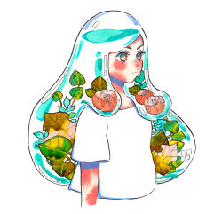 Rule 34 | 1girl, cropped torso, expressionless, flower, highres, leaf, liquid, long hair, meyoco, original, painting (medium), pink eyes, pink flower, shirt, short sleeves, simple background, solo, traditional media, transparent, upper body, watercolor (medium), watermark, white background, white shirt