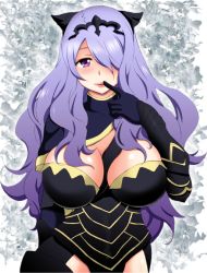 Rule 34 | 1girl, between breasts, blush, breasts, bursting breasts, camilla (fire emblem), cleavage, female focus, fire emblem, fire emblem fates, gloves, hair over one eye, large breasts, littlecosmos, long hair, looking at viewer, nintendo, purple eyes, purple hair, smile, solo, standing