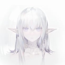 Rule 34 | 1girl, closed mouth, collar, commentary, grey eyes, grey hair, hair between eyes, long hair, looking at viewer, original, pale skin, pointy ears, simple background, solo, white background, yyb