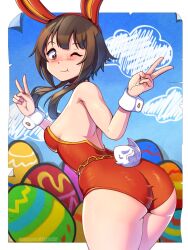 Rule 34 | 1girl, alternate costume, ass, ass focus, bare shoulders, blush, breasts, brown hair, easter, easter bunny, easter egg, egg, from behind, highres, huge ass, kagato007, kono subarashii sekai ni shukufuku wo!, leotard, looking at viewer, medium breasts, megumin, one eye closed, playboy bunny, rabbit ears, rabbit tail, red eyes, short hair with long locks, sideboob, smile, solo, tail, thick thighs, thighs, v, wink, wrist cuffs
